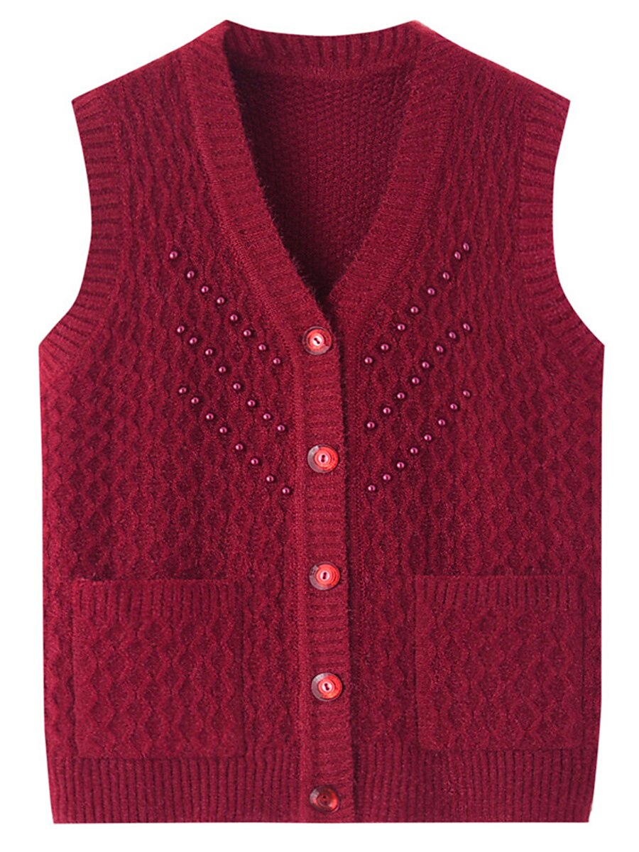 Women's Sweater Vest V Neck Ribbed Knit Polyester Button Pocket Fall Winter Outdoor Holiday Going out Stylish Casual Soft Sleeveless Solid Color claret ArmyGreen Dark Green XL reference (90-110 2023 - US $26.99 –P6