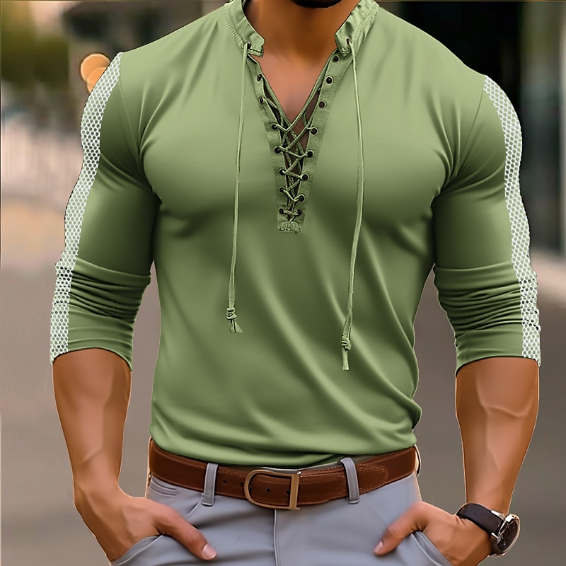 Men's Henley Shirt Tee Top Long Sleeve Henley Summer Patchwork Fashion Designer Basic Lace up Vacation Street Going out White Green Khaki Top Tee for Men 2025 - $21.99 –P5