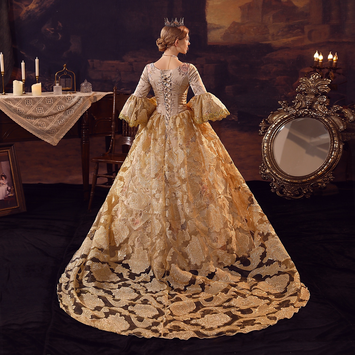 Medieval Victorian Gothic Ball Gown Medieval Prom Dress With Gold