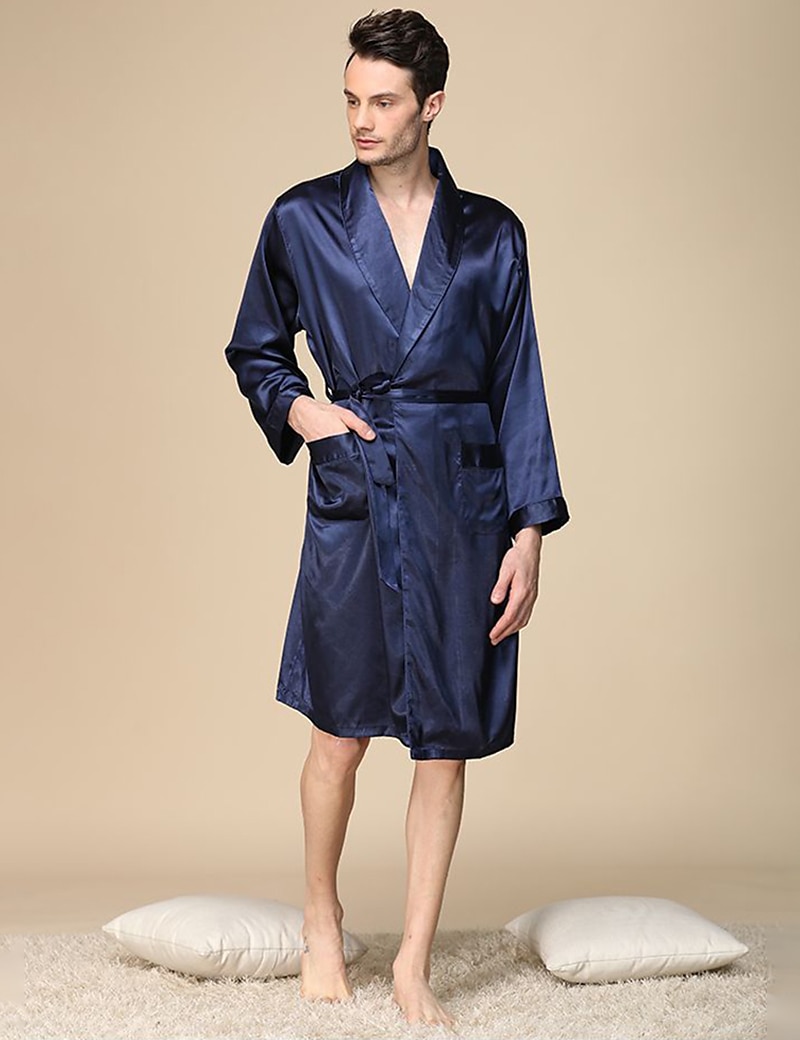 Men's Robe Silk Robe Sleepwear Plain Stylish Casual Comfort Home Daily Bed Faux Silk Comfort Summer Spring Silver Blue 2025 - $36.99 –P5