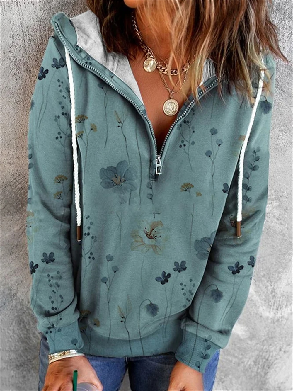 felpa con cappuccio da donna con cerniera felpa con cappuccio pullover floreale strada casual cerniera a un quarto vintage basic felpa con cappuccio manica lunga micro-elastico autunno&amp;tessuto del 2025 a $7.99 –P3