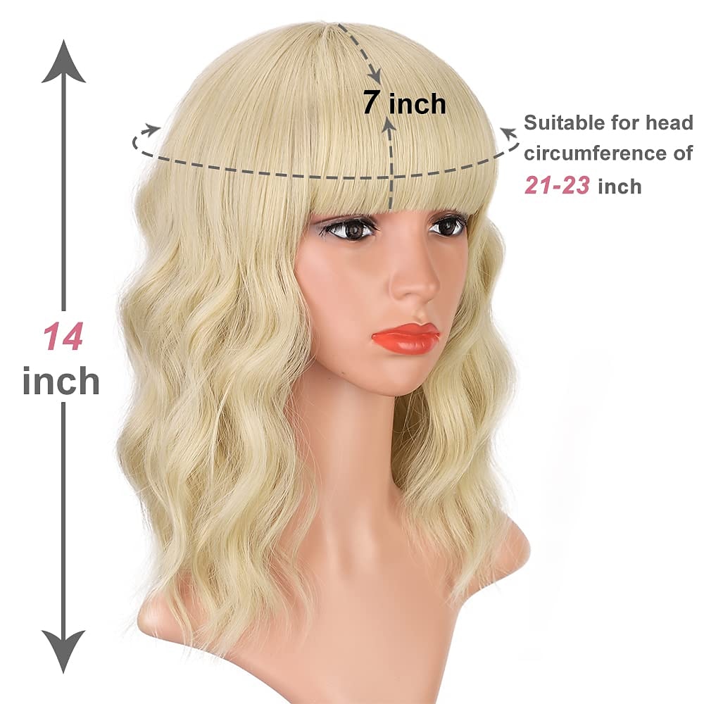 hete roze pruik met pony korte bob golvend krullend pruik schouderlengte hete roze pruiken voor vrouwen synthetisch haar kleurrijke pruik voor halloween kostuum cosplay 14 inch 2025 - $20.99 –P13
