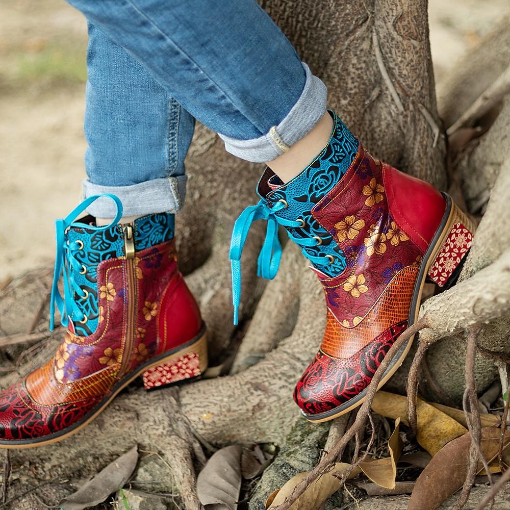 Botine de damă retro florale cu șireturi, cu fermoar, design colorat mozaic – stil casual și vintage pentru purtarea de zi cu zi 2025 - $94.99 –P5