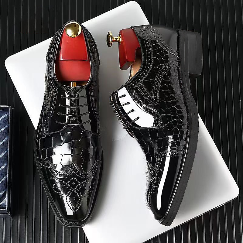 scarpe oxford da uomo in pelle verniciata bordeaux con dettagli brogue e motivo coccodrillo - eleganti scarpe eleganti con lacci per occasioni formali del 2025 a $42.99 –P3