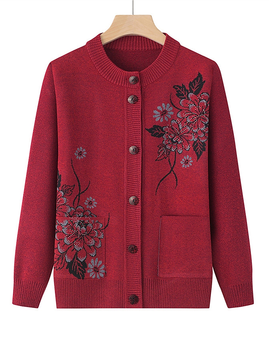 Dames Vest Trui Stijlvol Casual Zacht Bloemig Geribd Strakke ronde hals Knop Zak Lange mouw breien Buiten Feestdagen Uitgaan bordeaux Grasgroen Herfst Winter 2025 - $31.99 –P6