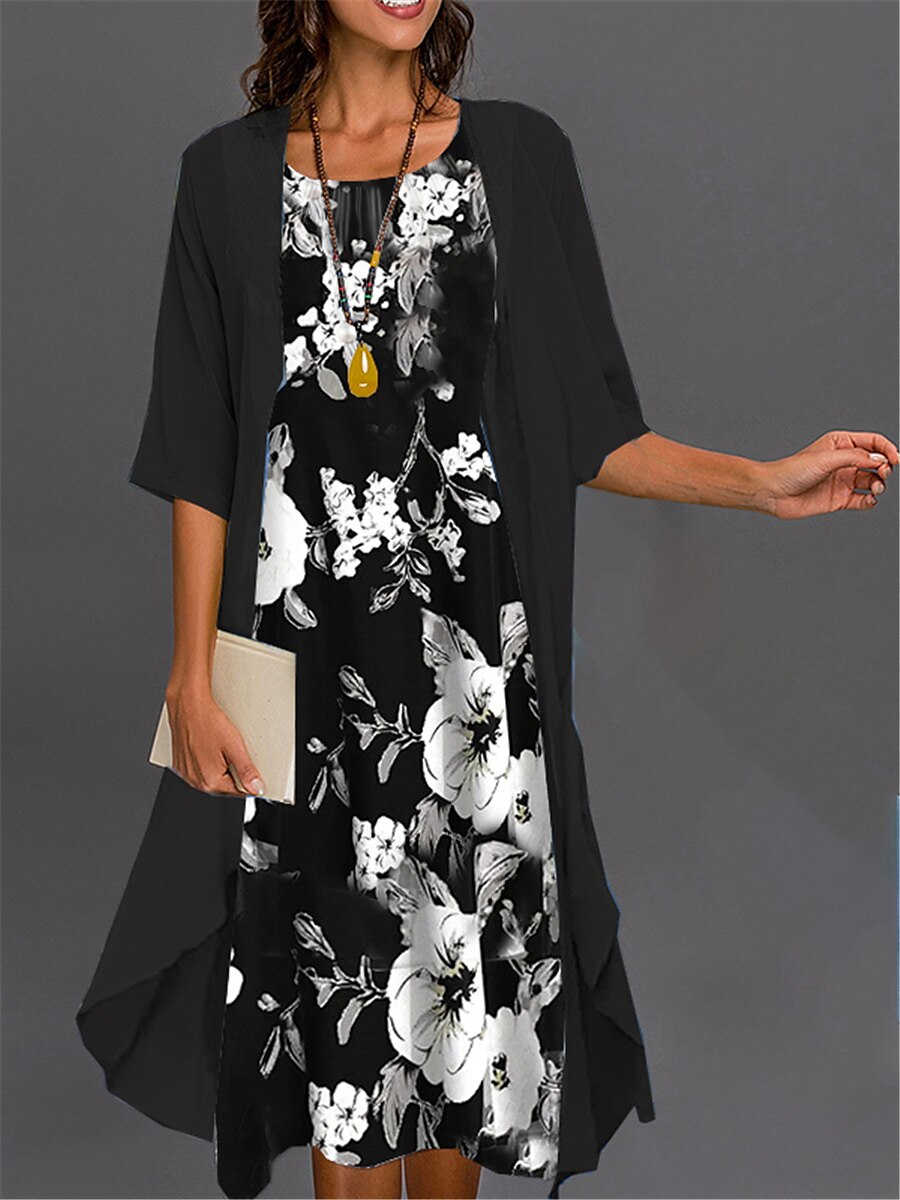 Abito di laurea da donna Abito midi Set di abiti Set di abiti Abito casual Stampa abito Elegante Moda Stampa floreale Manica 3/4 Collo a giro nudo Esterno Giornaliero Nero Bianco Rosa Estate Primavera del 2025 a $36.99 –P2