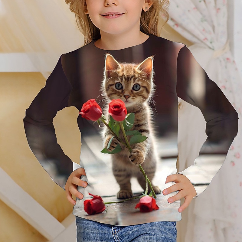 Girls' 3D Graphic Cartoon Cat T shirt Tee Long Sleeve 3D Print Summer Fall Active Fashion Cute Kids 3-12 Years Outdoor Casual Daily Regular Fit 2025 - $13.99 –P9