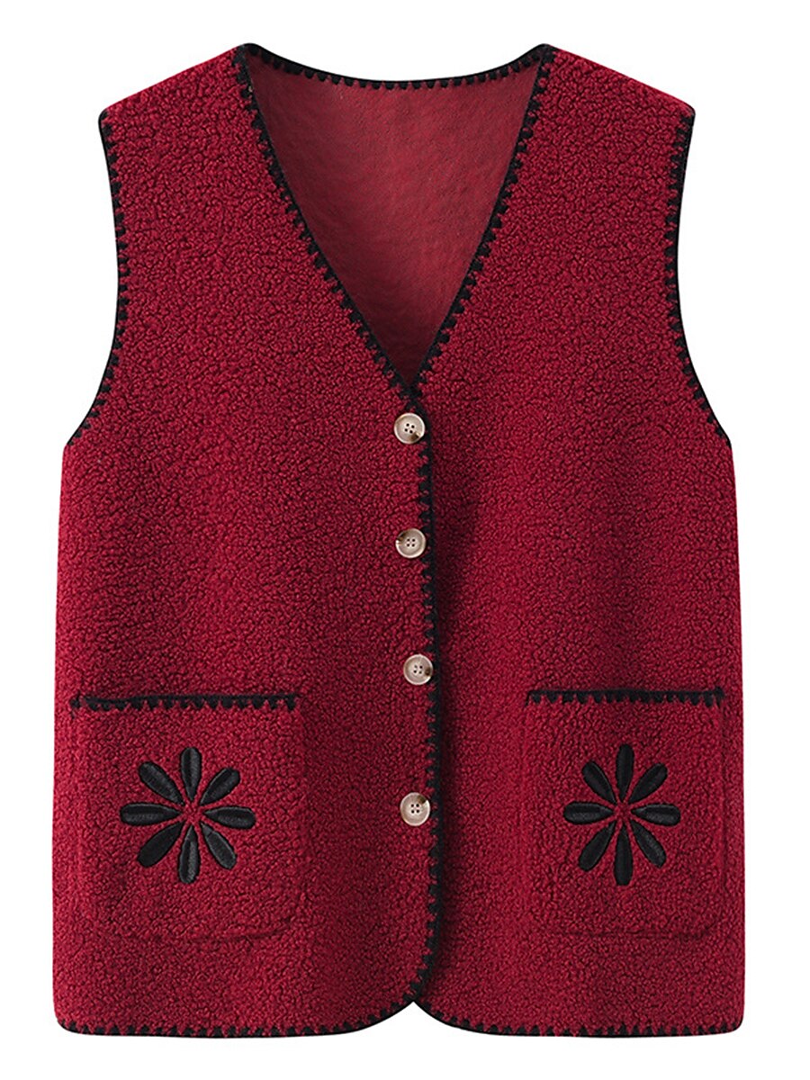 Women's Sweater Vest V Neck Crochet Knit Polyester Button Pocket Fall Winter Outdoor Daily Going out Stylish Casual Soft Sleeveless Floral claret Leather Pink pea green XL (reference 90-115 catties 2023 - US $28.99 –P5