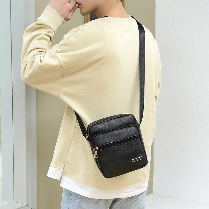 Men's Crossbody Bag Shoulder Bag Satchel PU Leather Outdoor Daily Holiday Buttons Zipper Large Capacity Waterproof Lightweight Solid Color Yellow brown Black Brown 2025 - $18.99 –P3