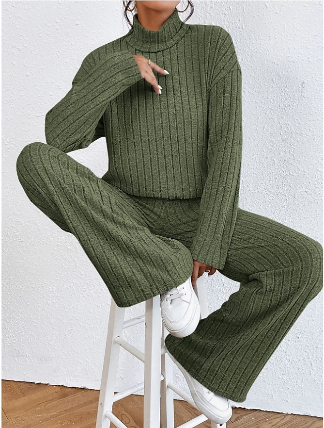 Femme Chaud Néon et lumineux Chemise Ensembles de pantalons Pantalon manche longue Col Roulé Couleur unie Casual Quotidien Noir Vert Véronèse Bleu Automne hiver Standard de 2025 ? $28.99 –P4