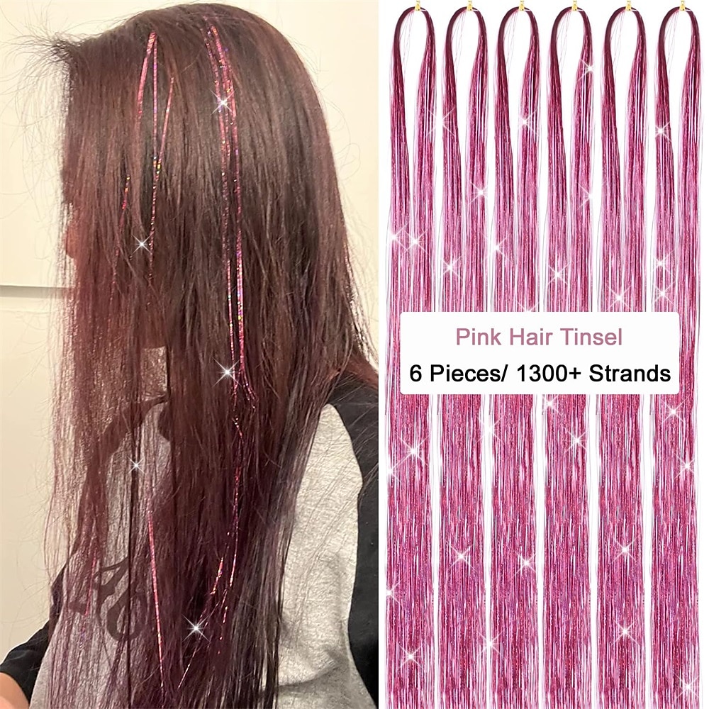 Hair Tinsel Kit with Tools Fairy Hair Tinsel Pink Tinsel Hair Extensions  Heat Resistant 6 Packs