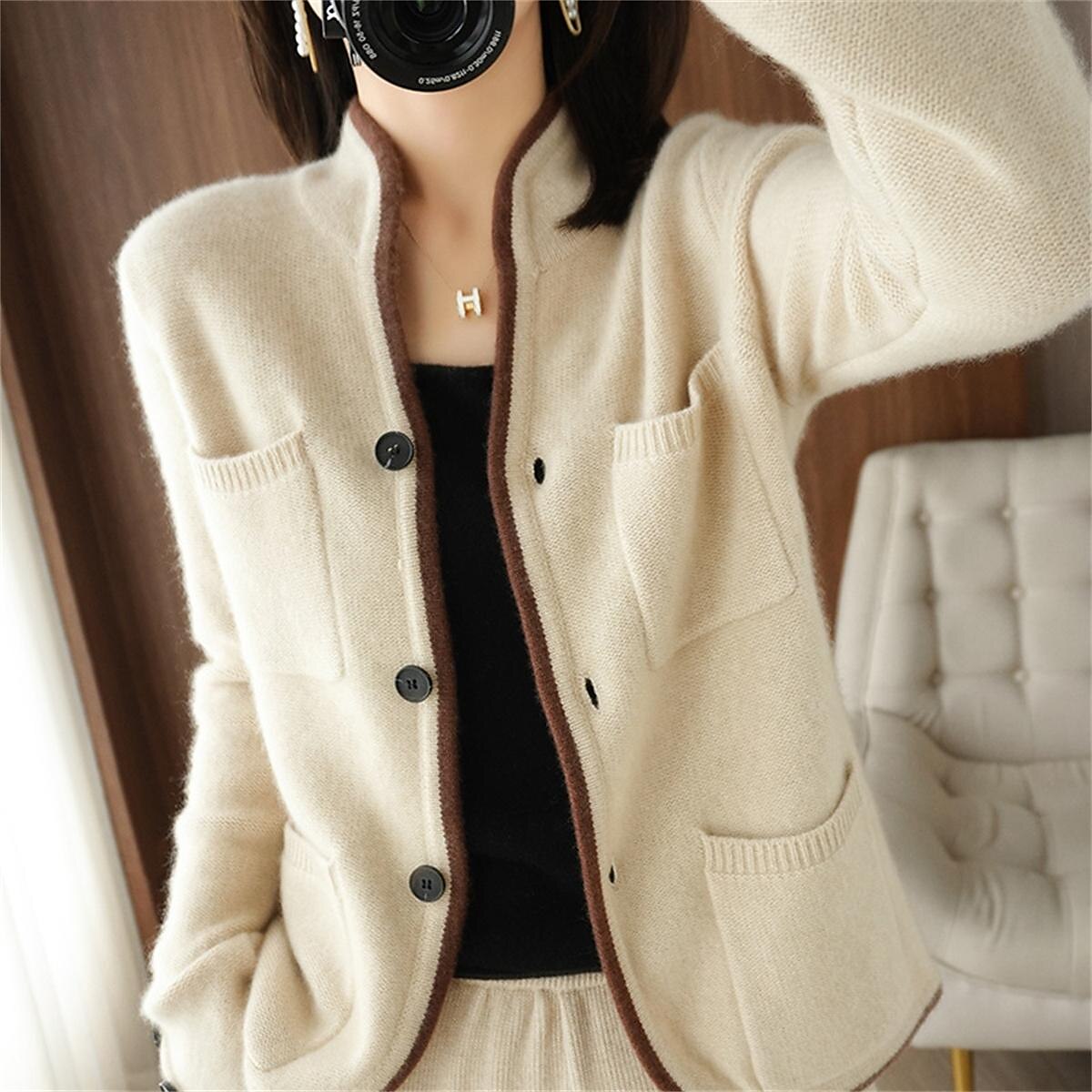 Women's Cardigan Sweater Stand Collar Ribbed Knit Alpaca Wool Button Pocket Fall Winter Outdoor Daily Going out Stylish Casual Soft Long Sleeve Solid Color Brown Beige Grey M L XL 2023 - US $27.99 –P13