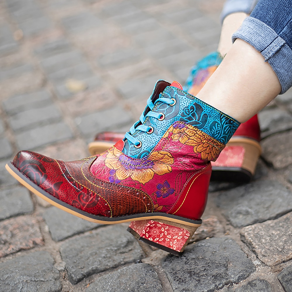 Botine de damă retro florale cu șireturi, cu fermoar, design colorat mozaic – stil casual și vintage pentru purtarea de zi cu zi 2025 - $94.99 –P7
