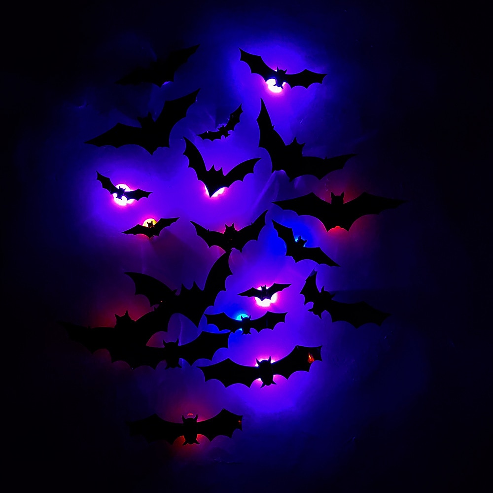 halloween 12/24ks led světelná nástěnná výzdoba netopýrů, 3D netopýří halloweenská dekorace vnitřní nálepky netopýrů, voděodolné černé strašidelné kutilské netopýry pro domácí dekoraci vnitřní venkovní párty dekorace 2025 - $7.99 –P3