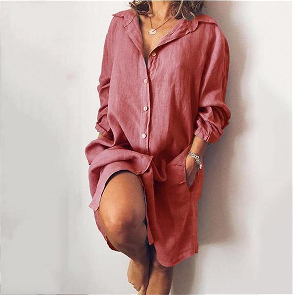 Women's Faux Cotton Linen Shirt Dress Basic Casual Daily Regular Fit Plain Long Sleeve Shirt Collar Blue Black Yellow Red Spring &  Fall 2026 - $14.99 –P1