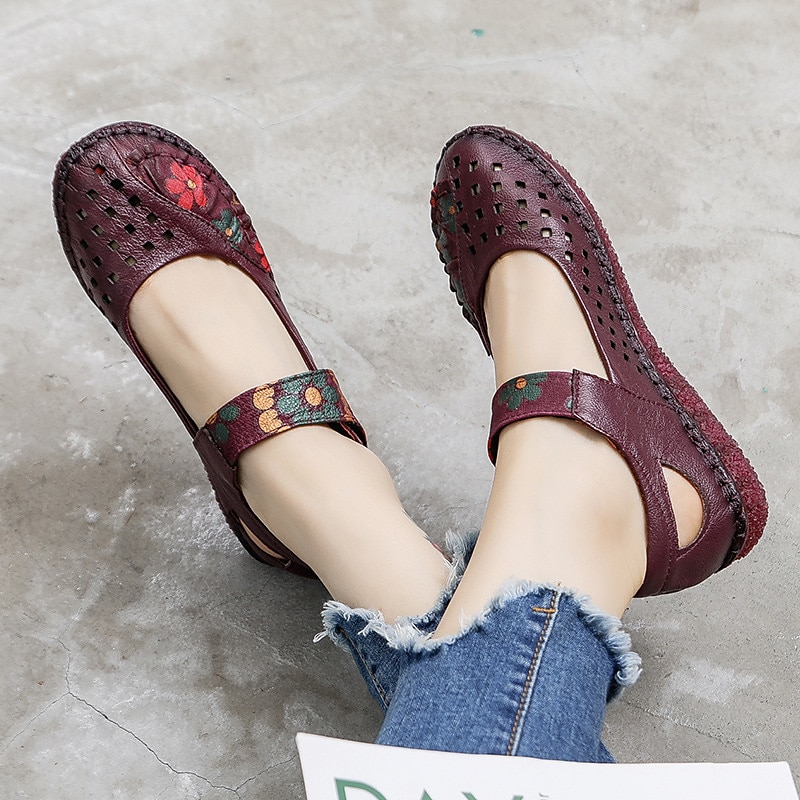 női piros bőr mezítlábas mary jane flats – hímzett virágos alkalmi kényelmes cipő tépőzáras pántokkal 2025 - $42.99 –P11