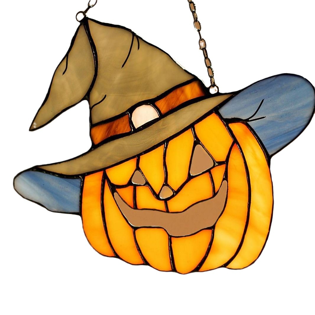 Stained Glass Pumpkin in a hat Fall Orange Halloween Suncatcher Picture Home Decor Window Wall Hangings Cling Nature Ornament Gift House 2025 - $9.49 –P3