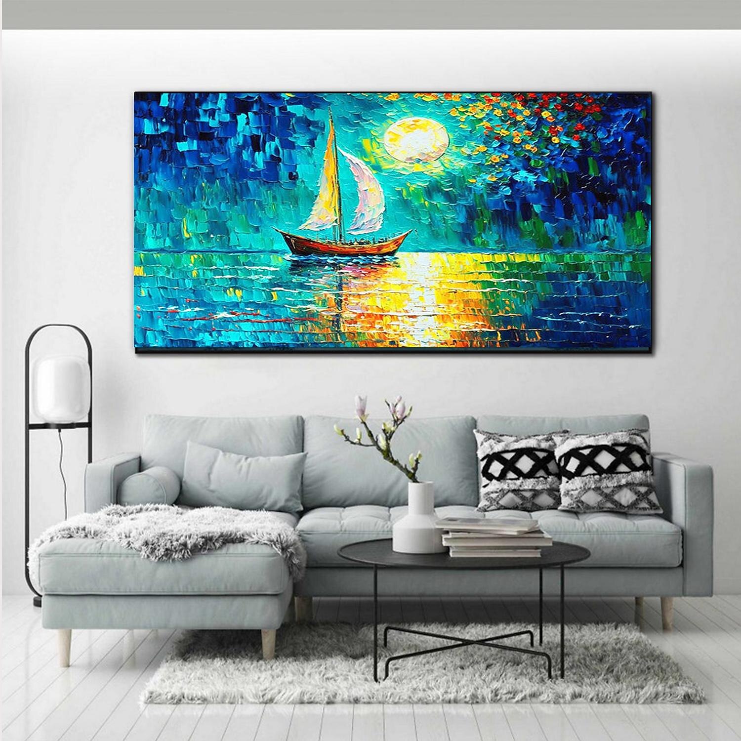 peinture à l'huile art mural peint à la mainpeinture abstraite au couteauvue sur la mer bleudécoration de la maisontoile roulée sans cadre et non étirée de 2025 ? $108.99 –P3