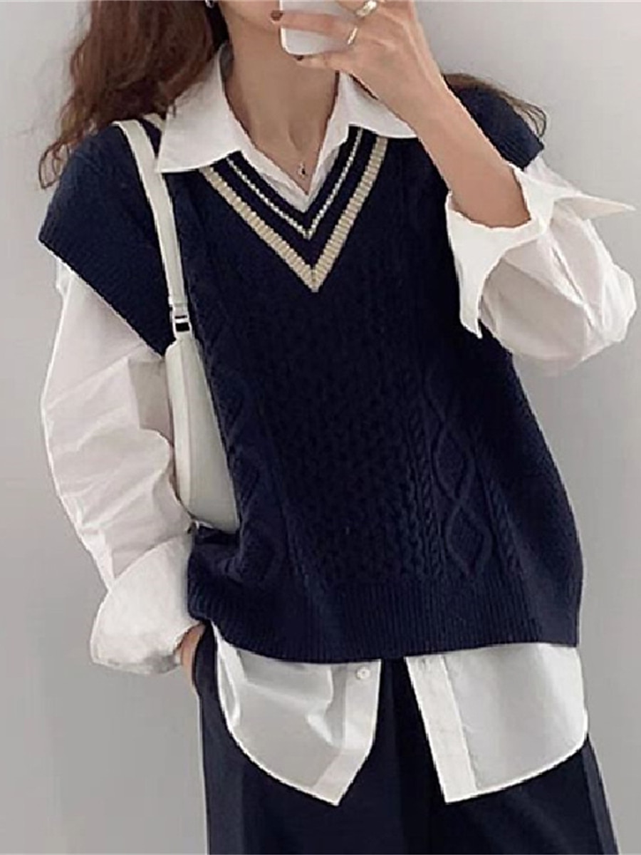 Women's Sweater Vest V Neck Cable Knit Knit Oversized Summer Fall Outdoor Daily Going out Stylish Casual Soft Sleeveless Striped Wine Navy Blue Beige One-Size 2023 - US $25.99 –P4