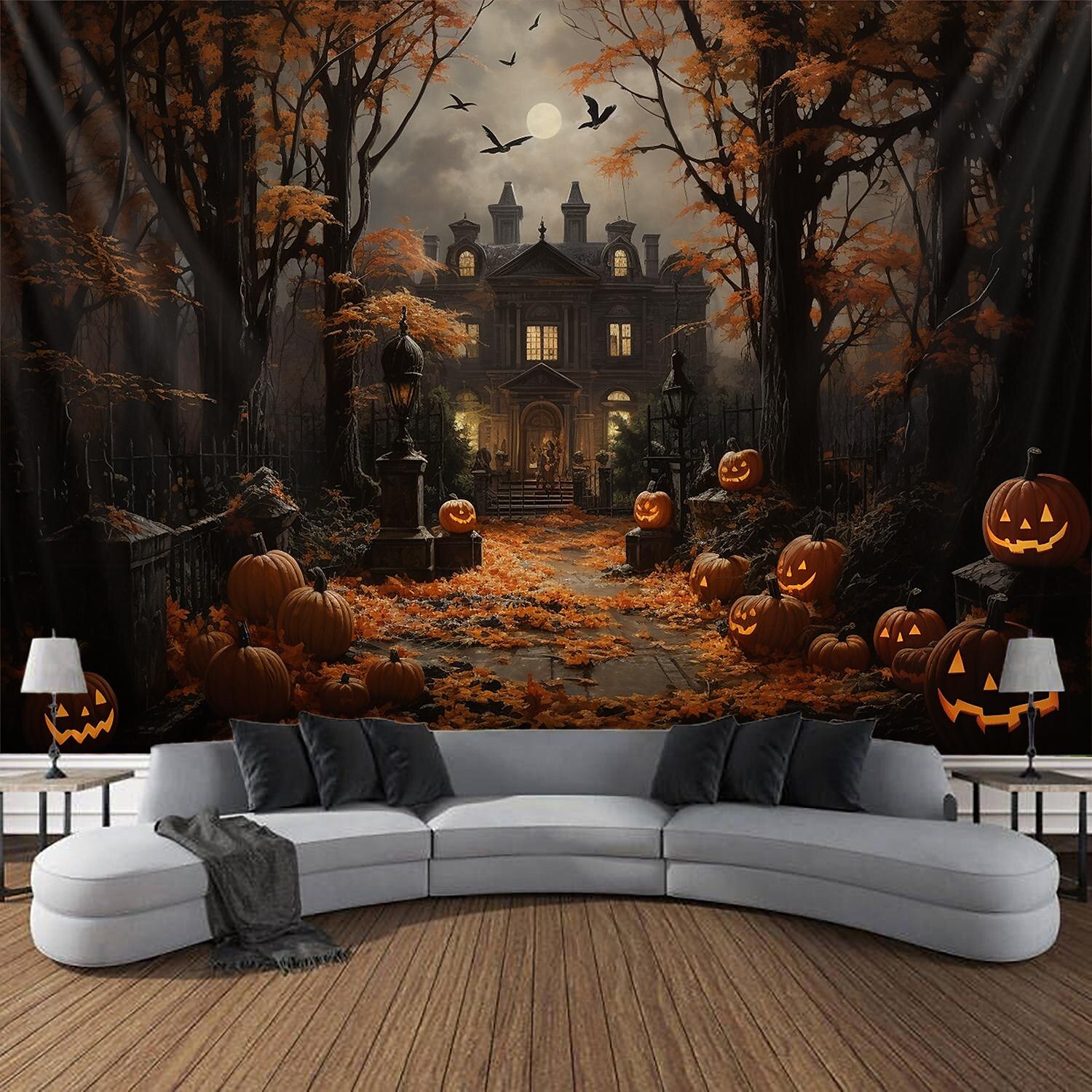 halloween dekorációk gobelin jack o lámpás tök dekor fal művészet nagy függő gobelin falfestmény fénykép háttér takaró függöny otthon hálószoba nappali denevérek kísértetjárta ház temető 2025 - $13.99 –P3