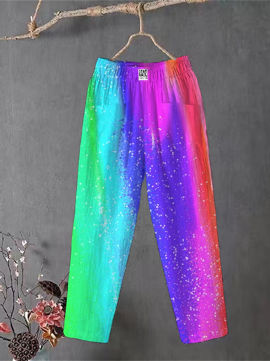Dames Katoenen linnen broek broek Wijde broek Comfortabel Chino Enkellengte Middelhoge taille Kleurrijk Zak zakkerig Afdrukken Ademend Micro-elastisch Buiten Dagelijks Regenboog Regenboog Regenboog 2025 - $21.99 –P6