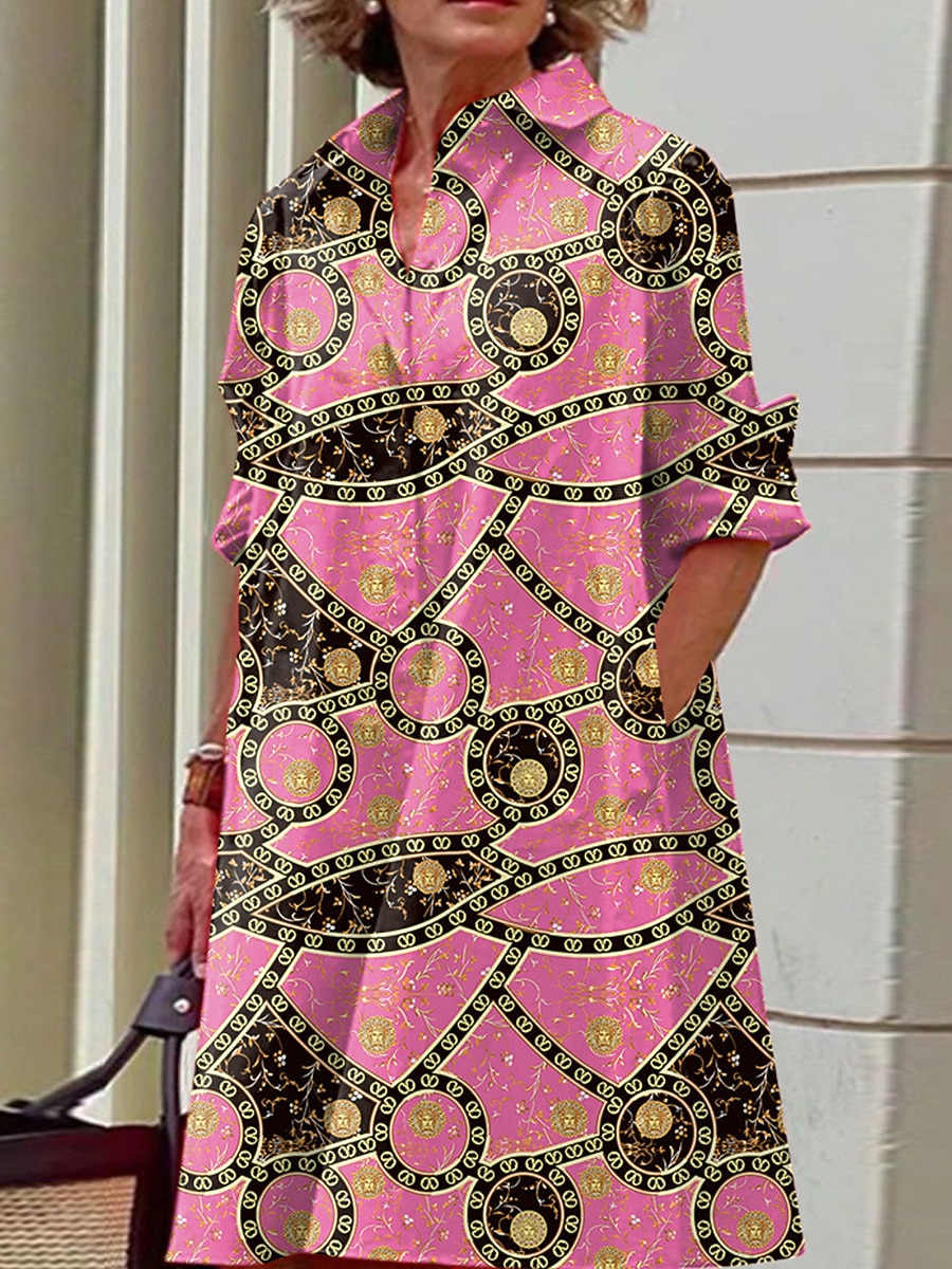 Abito midi donna Abito camicia Abito casual da esterno ufficio quotidiano moda moderna colletto camicia bottoni tasca maniche lunghe autunno inverno taglia larga a blocchi di colore graffiti del 2025 a $41.99 –P5
