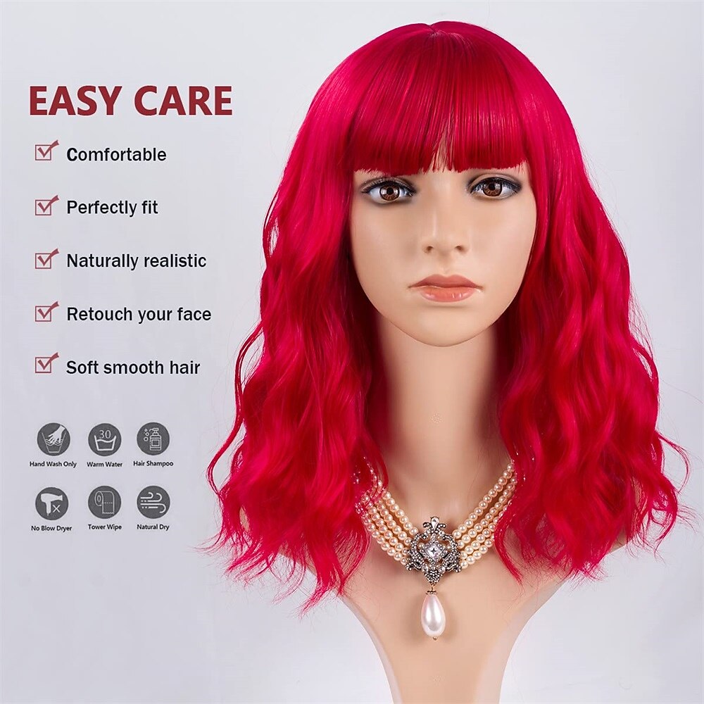 Pink Wig with Bangs Short Wavy Pink Wigs for Women Bob Wig 14 Inch Shoulder Length Middle Part Pastel Wig Curly Synthetic Colored Wigs for Girls Daily Cosplay Party Use 2025 - $21.99 –P9