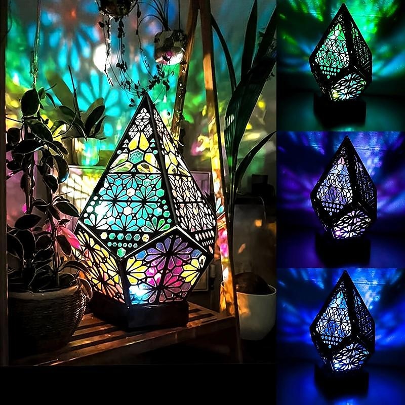 Wooden Bohemian Floor Lamp, USB Charging Hollow Geometric Colorful Lamp Retro Bohemian Light Lamp, LED Colorful Diamond Shaped Lights 3D Projection Night Lamp Desk Lamp Home Decor 2025 - $19.99 –P1