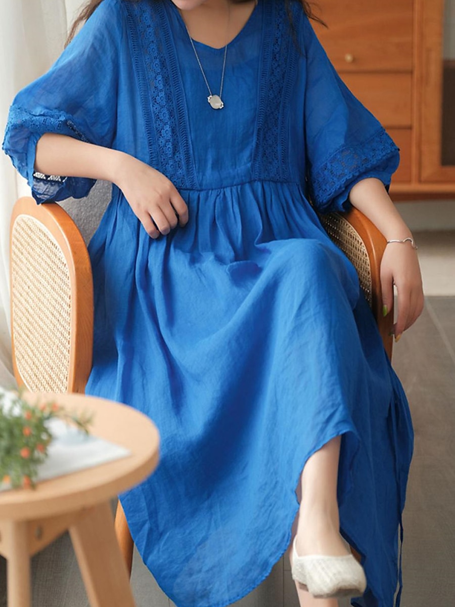 Femmes Noir Blanche Jaune Automne Robe maxi Robes inspirées du lin Robe Décontractée Basique Classique Occasionnel Extérieur Vacances Quotidien Coupe Ample Uni Col en V de 2025 ? $32.99 –P11