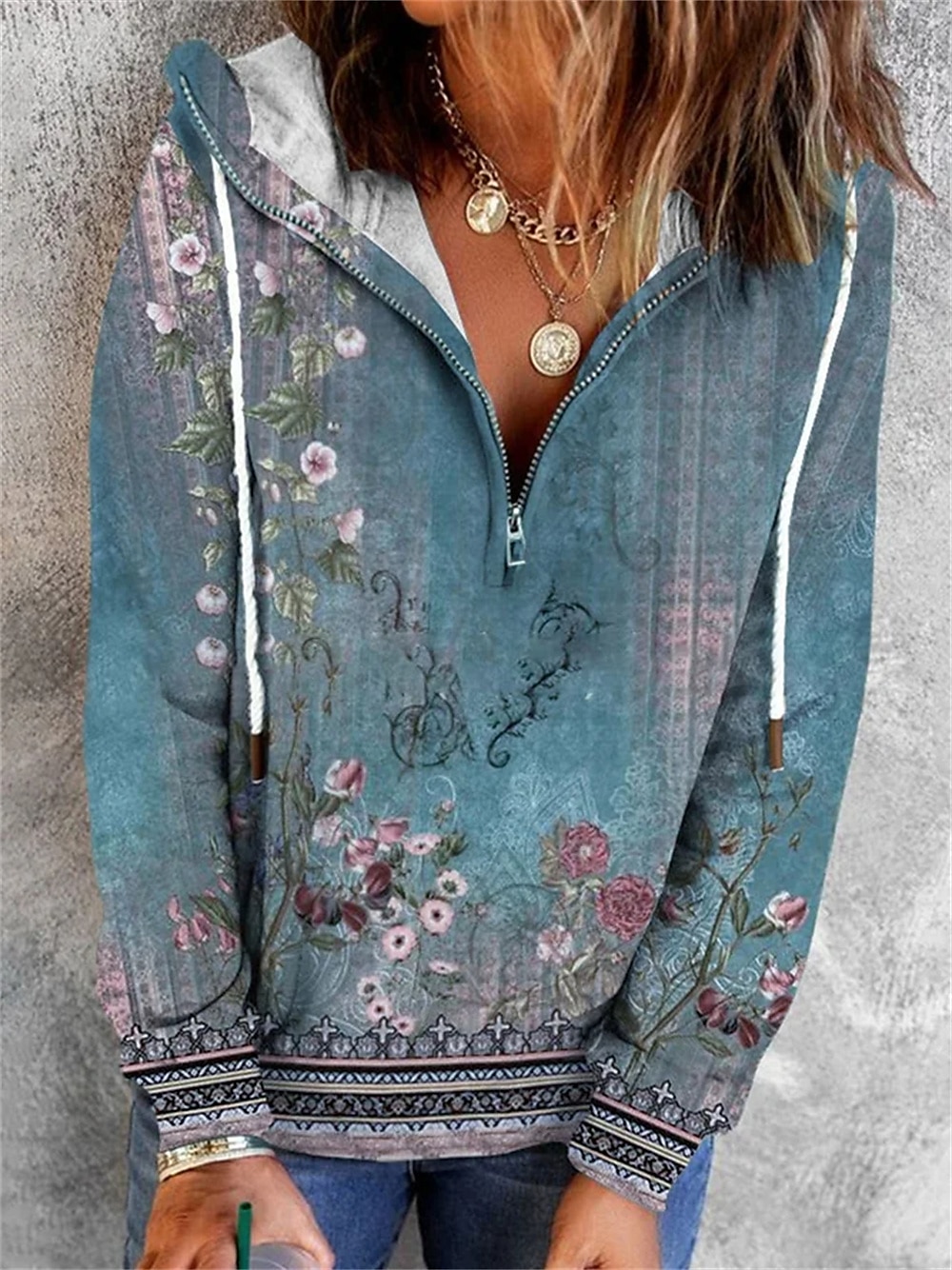 felpa con cappuccio da donna con cerniera felpa con cappuccio pullover floreale strada casual cerniera a un quarto vintage basic felpa con cappuccio manica lunga micro-elastico autunno&amp;tessuto del 2025 a $7.99 –P5