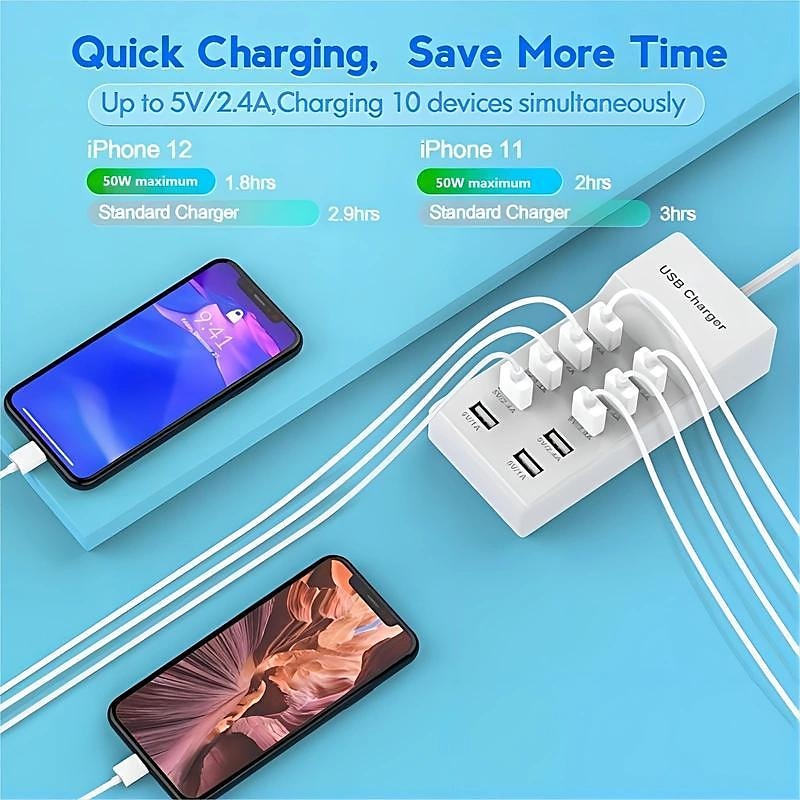 50W USB Charger Power Strip Wall Socket EU US Plug 5V 2.4A High Speed Power Cable 10-bit USB Port Support 10 Devices Charge 2025 - $24.99 –P3