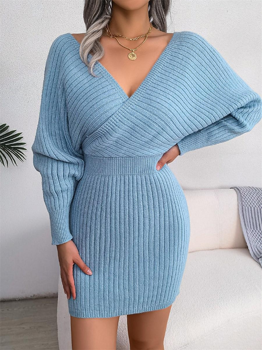 Women's Sweater Dress Jumper Dress Casual Dress Mini Dress Warm Pure Color Outdoor Casual Daily Going out Surplice Neck Long Sleeve Ruched 2023 Regular Fit Black White Blue S M L 2023 - US $27.99 –P7