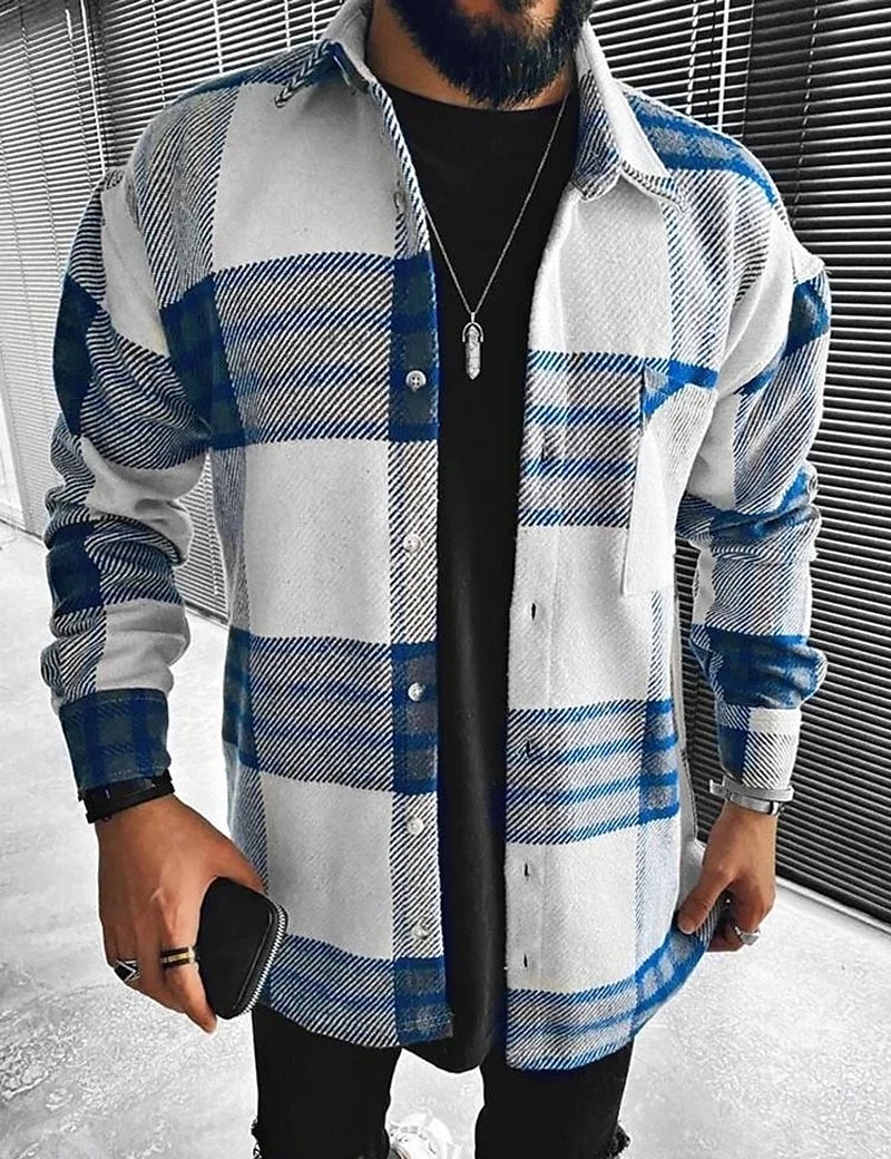 Herren Hemd Flanellhemd Kariertes Hemd Knopfhemd Overshirt Shacket Karo Outdoor Alltagskleidung Blau Langarm Revers Frühling & Herbst Bekleidung Fronttasche 2025 - $31.99 –P1