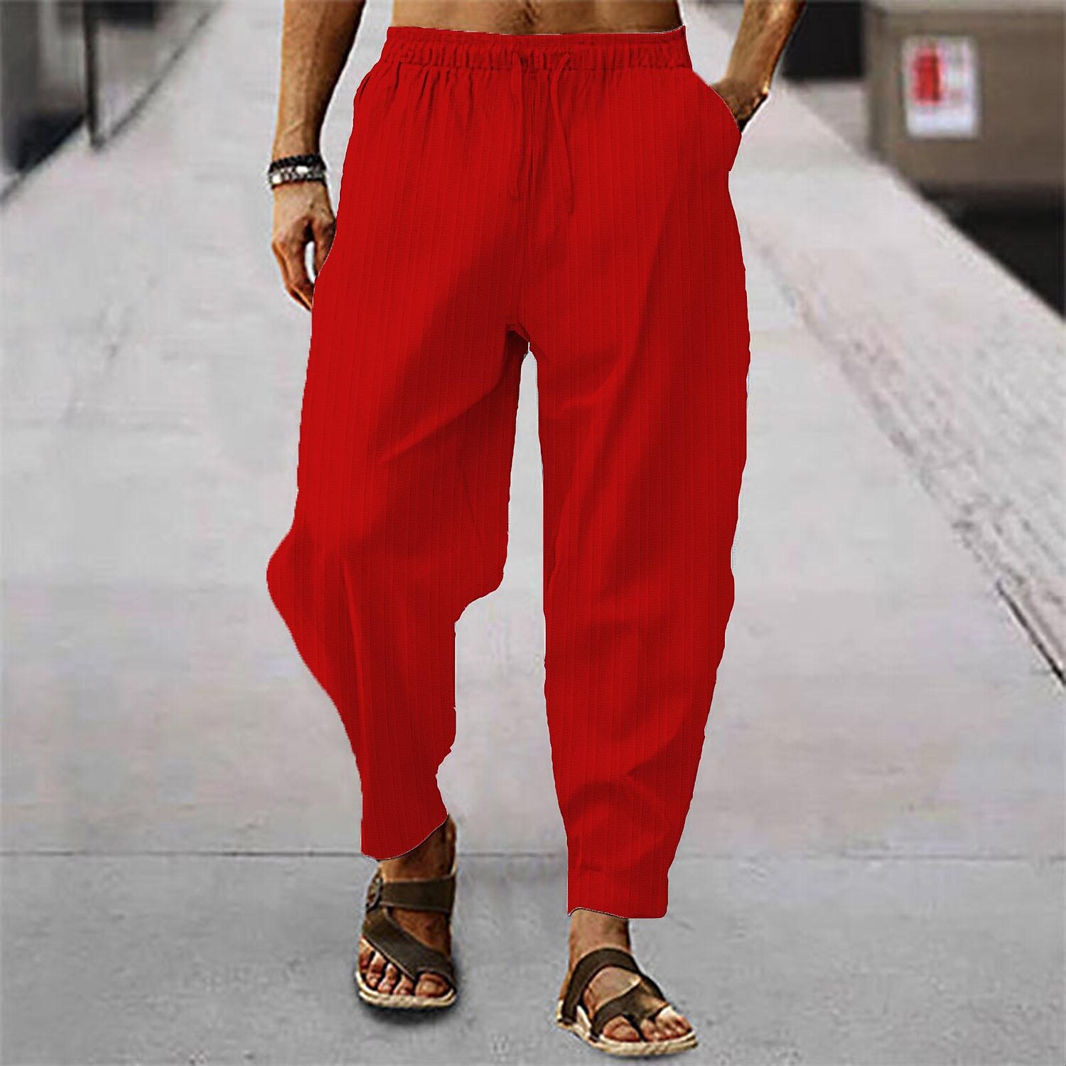 Men's Trousers Summer Pants Baggy Pants Pocket Drawstring Elastic Waist Stripe Full Length Casual Daily Fashion Classic Style Loose Fit Dark Brown Dark Khaki Inelastic 2025 - $15.49 –P5