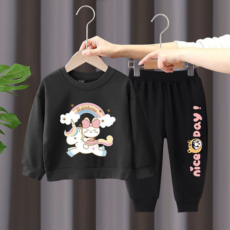 2 Stück Kinder Mädchen Regenbogen Rundhalsausschnitt Hoodie- und Jogginghosen-Set einstellen Langarm Aktiv Outdoor Baumwolle 3-7 Jahre Frühling Schwarzer Einhornpullover + schöne schwarze Hose 2025 - $16.99 –P16