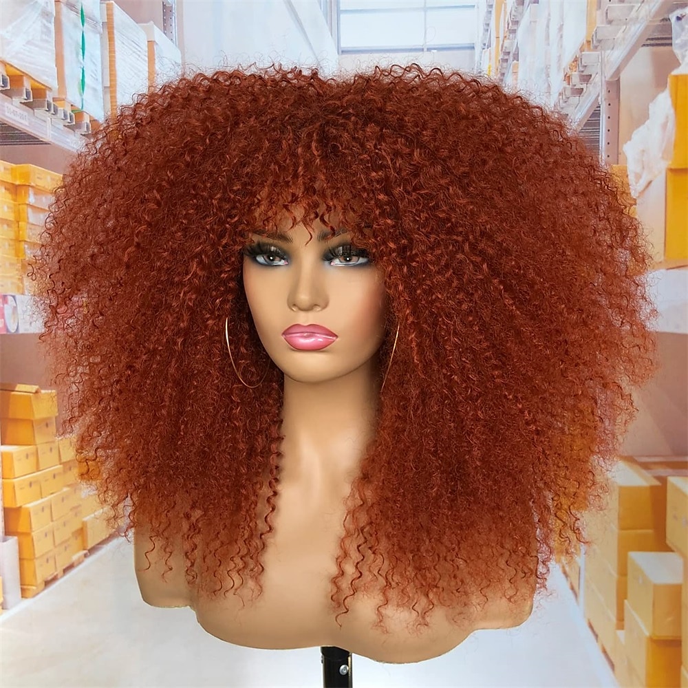 18 inch lange krullende pruik met pony voor zwarte vrouwen afro bom kinky krullende pruik pluizig en zacht synthetisch haar 2025 - $24.99 –P17
