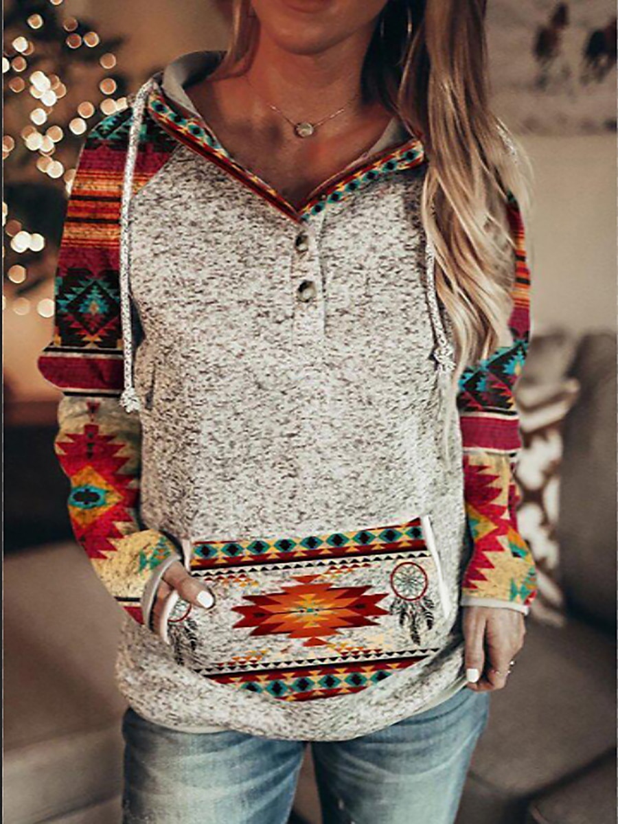 Women's Hoodie Sweatshirt Pullover Graphic Geometric Vintage Street Casual Button Drawstring Front Pocket Red Blue Green Vintage Sports Ethnic Hoodie Long Sleeve Top Micro-elastic Fall & Winter 2024 - $27.99 –P2