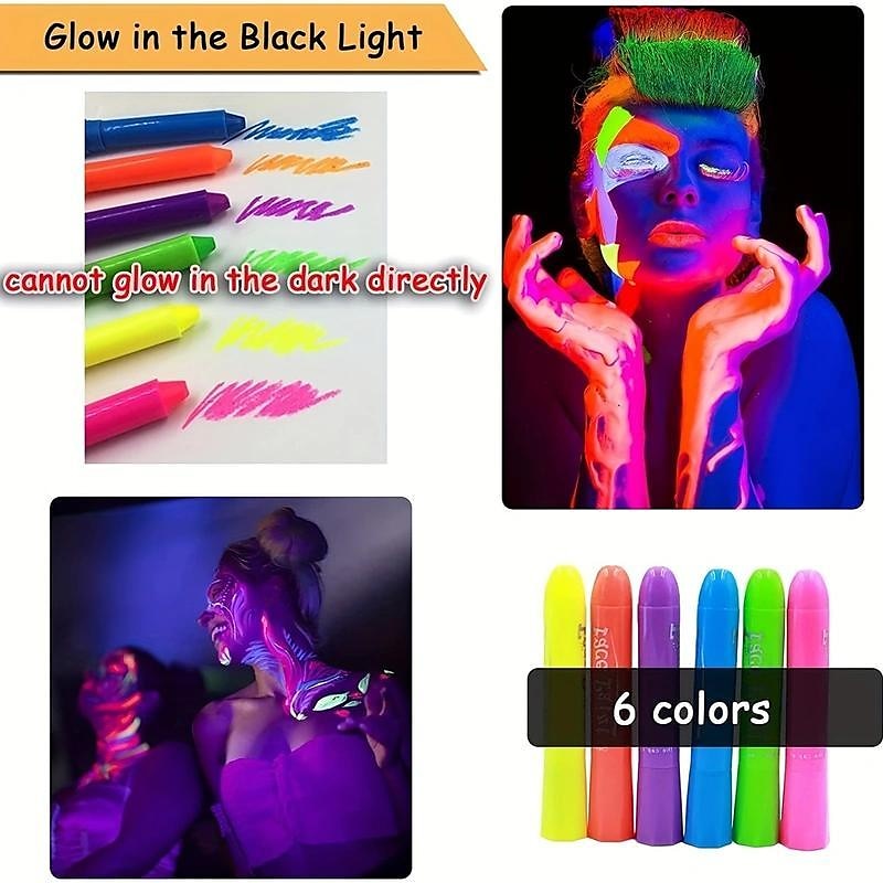 6pcs UV Glow Body and Face Paint Kit - Fluorescent Crayons for Adults - Perfect for Birthday Parties, Halloween, and Masquerades 2025 - $12.49 –P8