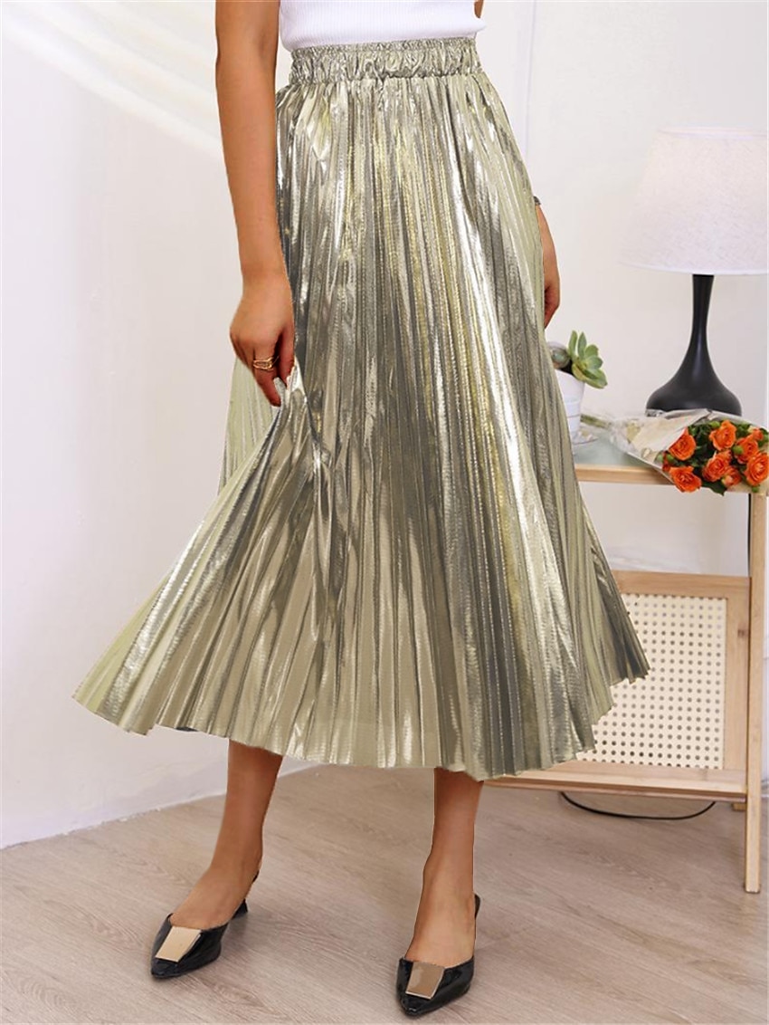Per donna Altalena a dondolo Gonna lunga Medio Gonne A pieghe Metallizzato Lungo Tinta unita Scintillante Halloween Strada Per tutte le stagioni Poliestere Di tendenza Brillante Argento Nero Oro Oro del 2025 a $28.99 –P7