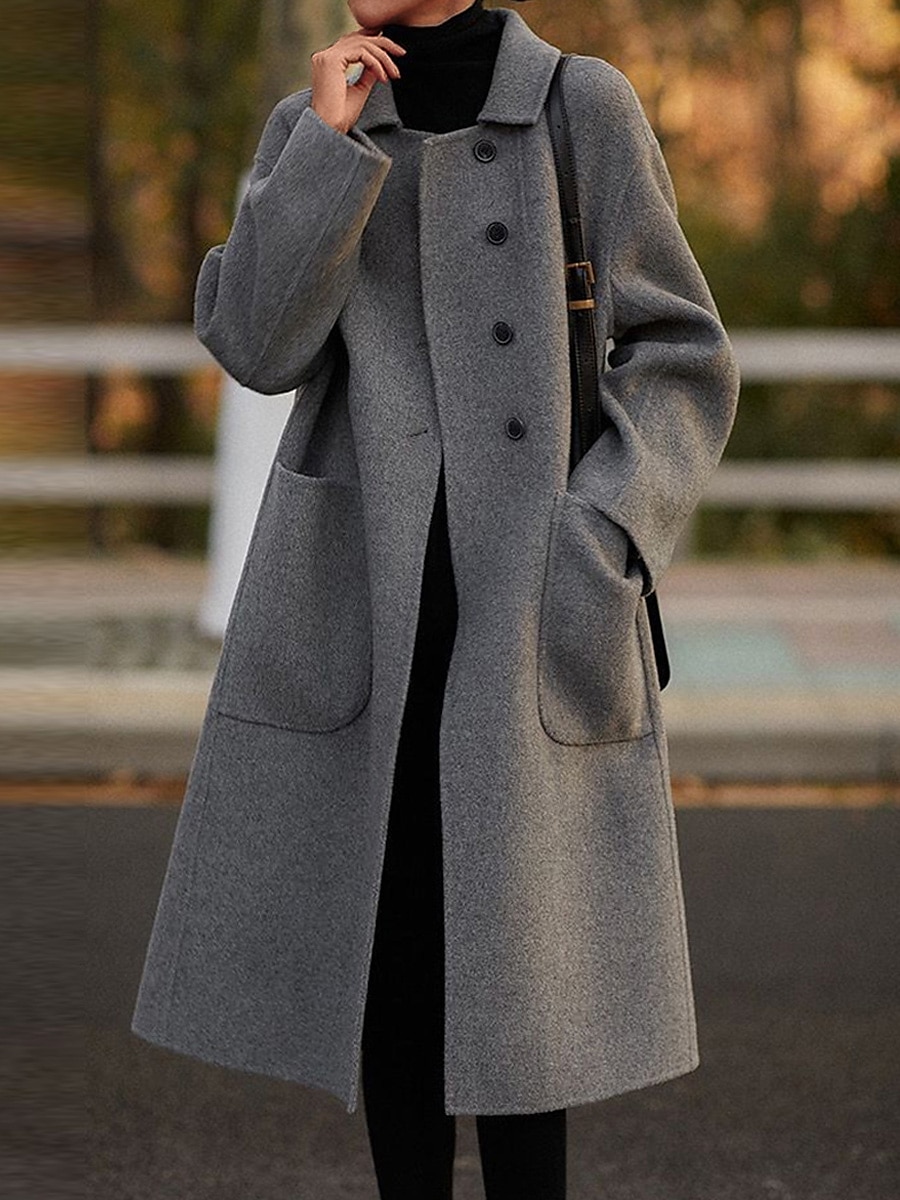 Women's Wool Blend Coat Winter Coat Long Pea Coat Fall Single Breasted Overcoat with Pockets Windproof Warm Trench Coat Casual Jacket Long Sleeve Black Camel Gray 2023 - US $29.99 –P1