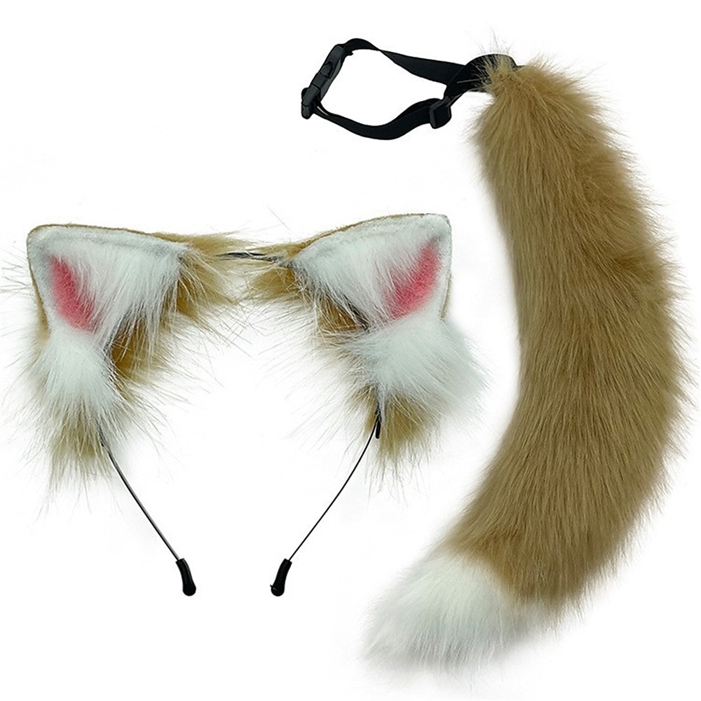 Conjunto de orejas y cola de bestia simulada, bonita cola de zorro de peluche, banda para el pelo con oreja de Lobo ajustable, accesorios para orejas de zorro 2025 - $30.99 –P4