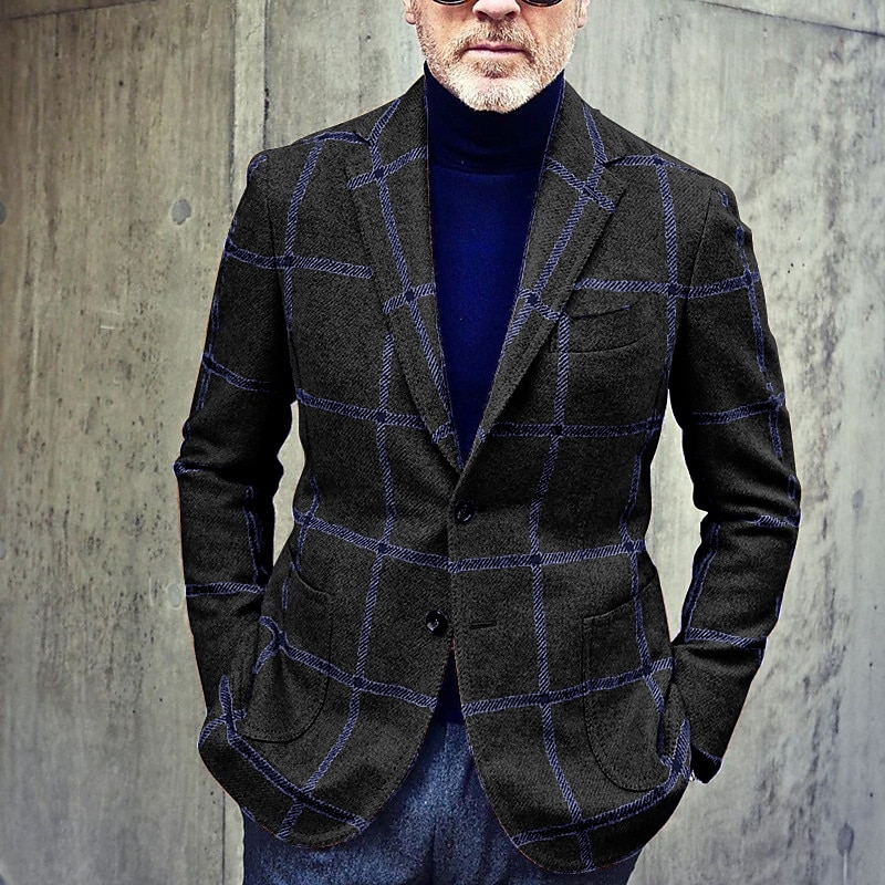 Herr Kavajjacka Företag Kvällsfest Dagliga kläder Ficka Höst Vinter Polyester Rutig Artistisk Stil Varm Enkelknäppt med Två Knapphål Blazer Svart Brun Grön 2025 - $54.99 –P3