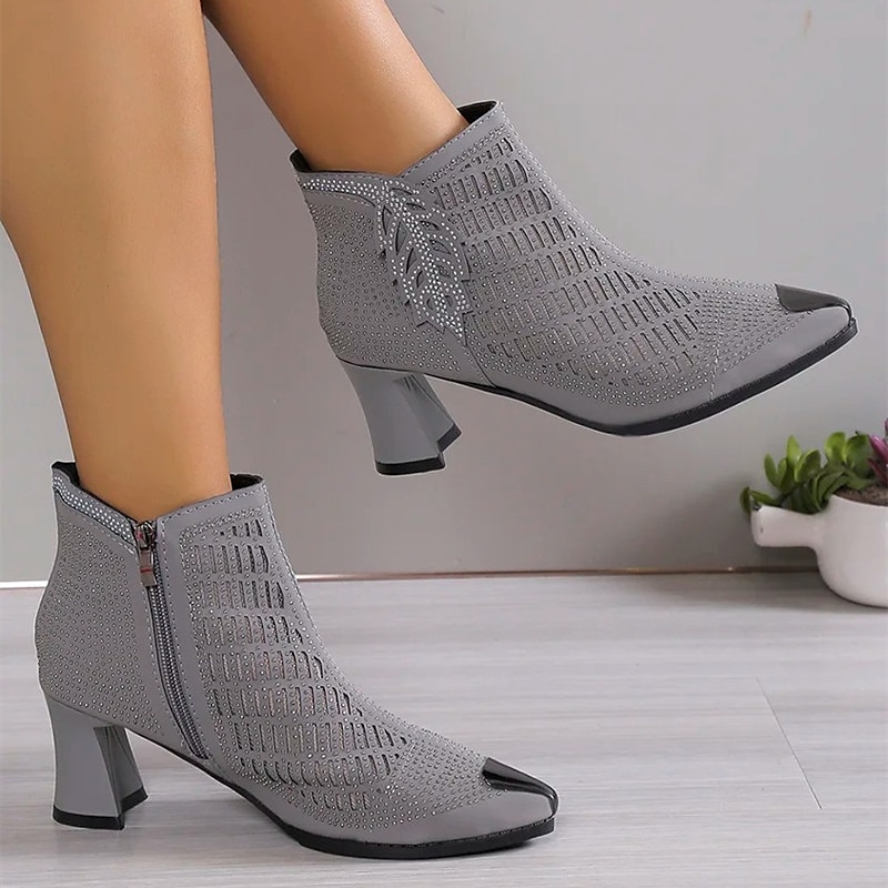 Women's Heels Boots Dress Shoes Sexy Shoes Party Club Cut-out Booties Ankle Boots Summer Rhinestone Zipper Chunky Heel Pointed Toe Business Sexy Glitter Mesh Zipper Black Grey 2023 - AED 193 –P6