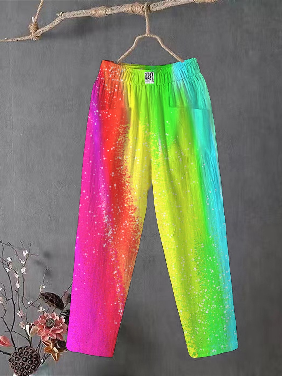 Dames Katoenen linnen broek broek Wijde broek Comfortabel Chino Enkellengte Middelhoge taille Kleurrijk Zak zakkerig Afdrukken Ademend Micro-elastisch Buiten Dagelijks Regenboog Regenboog Regenboog 2025 - $21.99 –P2