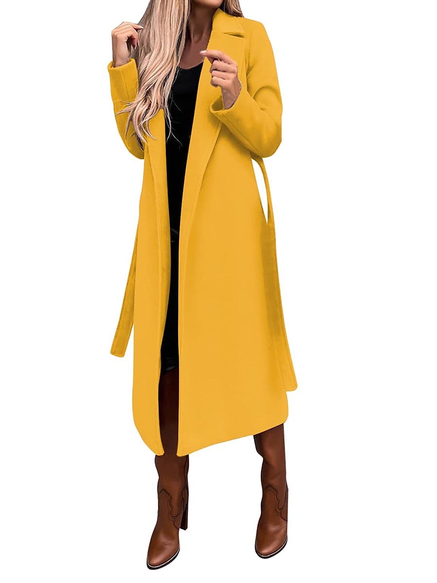 Women's Winter Coat Long Overcoat with Belt Fall Lapel Pea Coat with Pockets Trench Coat Fashion Street Wear Formal Jacket Long Sleeve  Black White Yellow 2023 - US $36.99 –P22