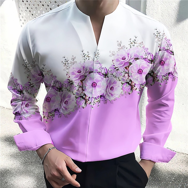 Herre Blomstret Skjorte Skjorte med knapper Langermet Mote Gatemote Designer utendørs Avslappet Daglig Sommer Høst V-hals Trykt mønster Gul Rosa Blå Lilla Grå 2025 - $26.99 –P5