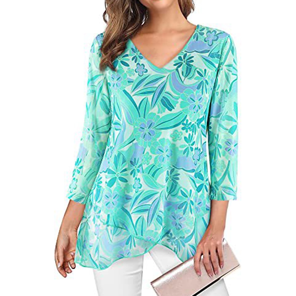 camicetta da donna quotidiano basic stampa floreale manica lunga regular top scollo a V casual nero verde chiaro vino blu verde autunno&amp; inverno del 2025 a $31.99 –P6