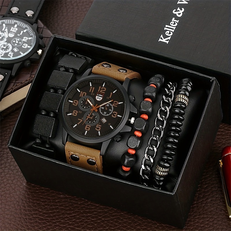 Keller Weber 5Pcs Watches Bracelet Set Luxury Men Quartz Wristwatches Leather Band Fahsion Casual Watch For Men Gift For Boyfriend 2025 - $25.99 –P5