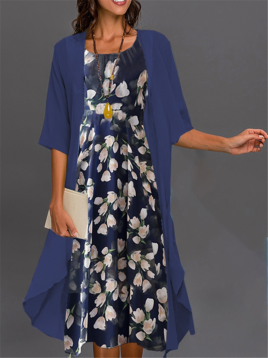 Abito di laurea da donna Abito midi Set di abiti Set di abiti Abito casual Stampa abito Elegante Moda Stampa floreale Manica 3/4 Collo a giro nudo Esterno Giornaliero Nero Bianco Rosa Estate Primavera del 2025 a $36.99 –P5