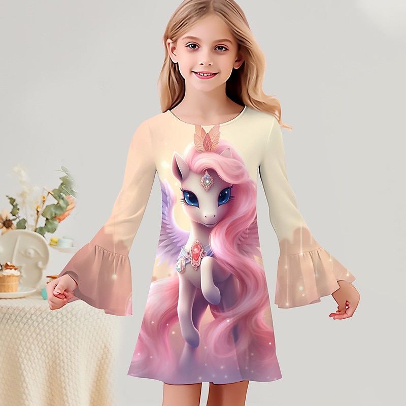Girls' 3D Graphic Cartoon Unicorn Dress Long Sleeve 3D Print Summer Fall Vacation Sports & Outdoor Daily Cute Casual Beautiful Kids 3-12 Years Casual Dress A Line Dress Above Knee Regular Fit 2025 - $15.99 –P2